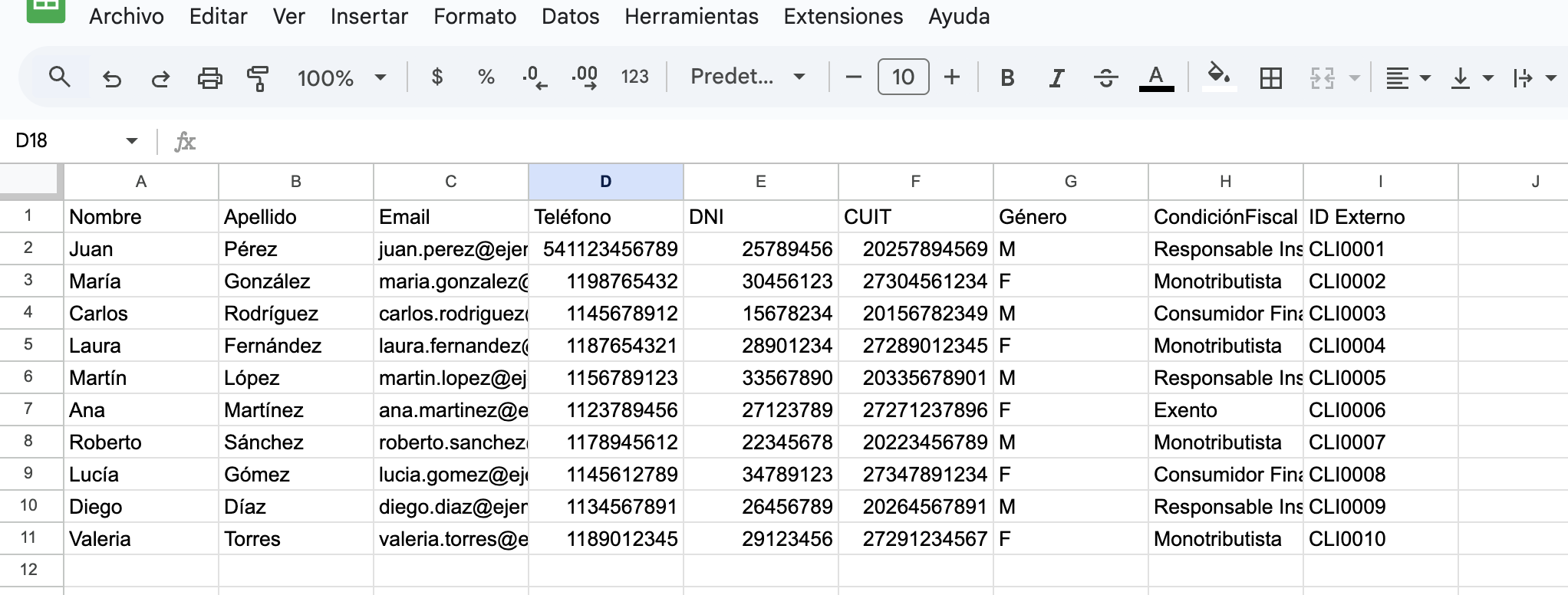 Ejemplo de datos en Excel